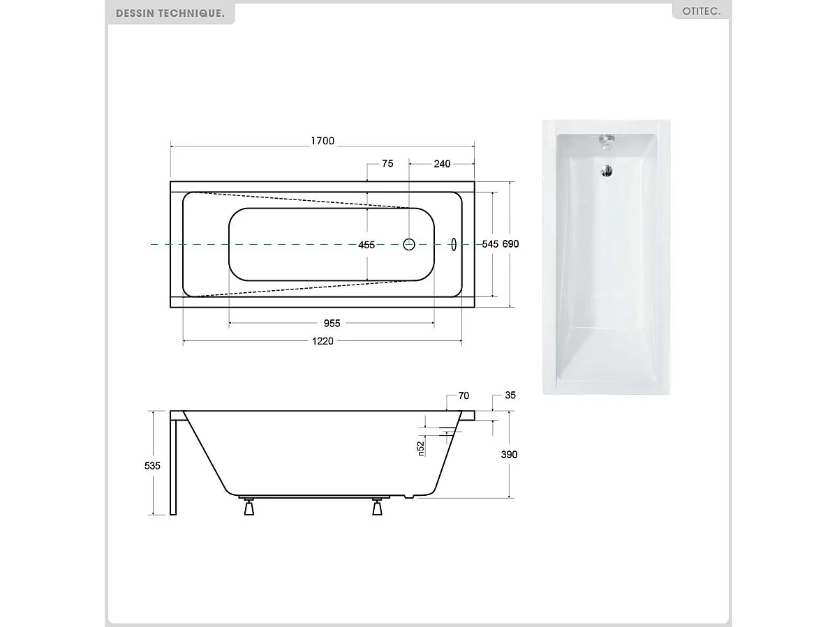 Baignoire rectangulaire - 170 x 70 cm - avec Habillage - Pieds - Vidage Chrome - MODERN SLIM