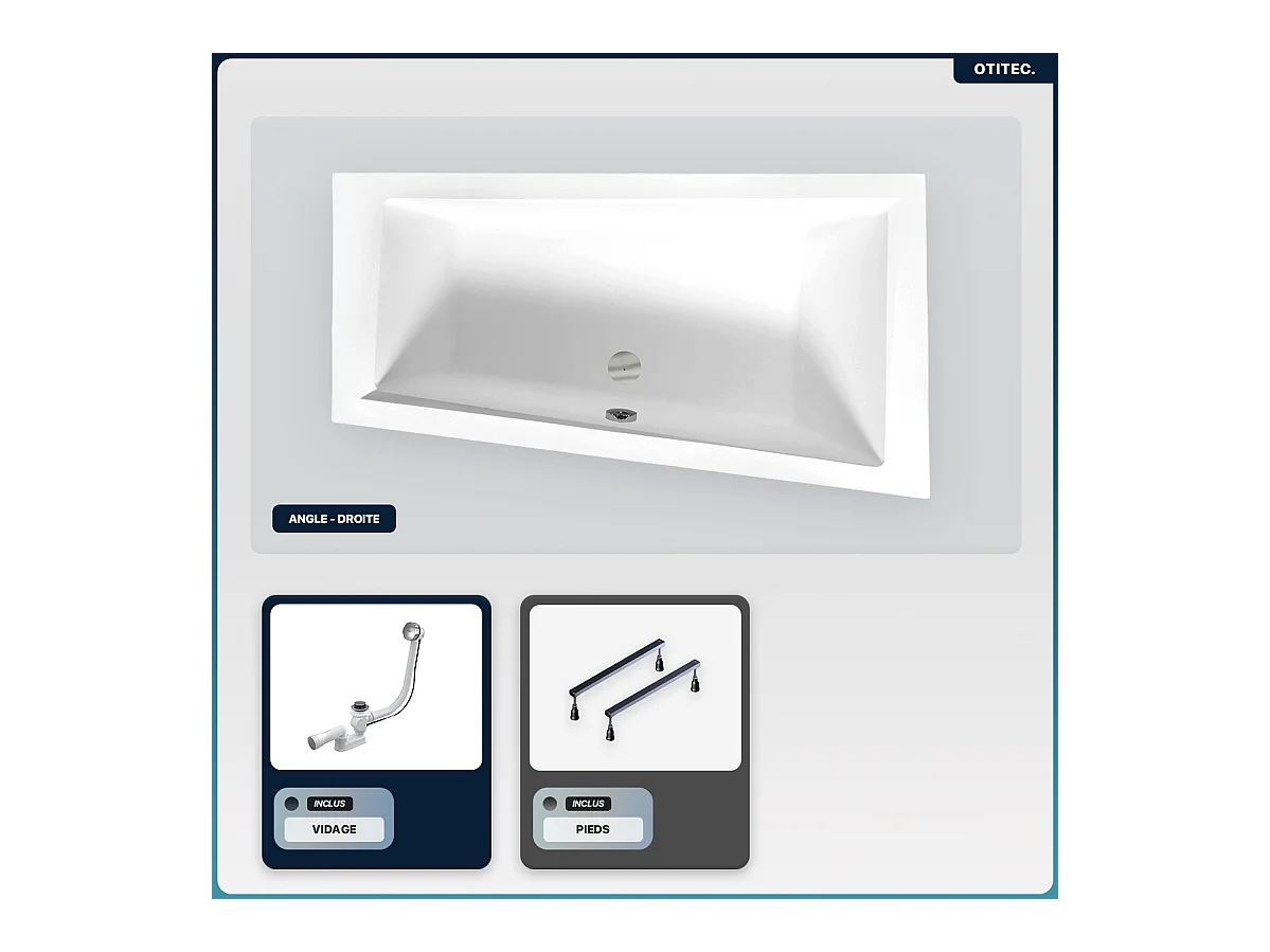 Baignoire asymétrique - 150 x 85 cm - Droite - sans Habillage - avec Pieds - Vidage Chrome - INTIMA