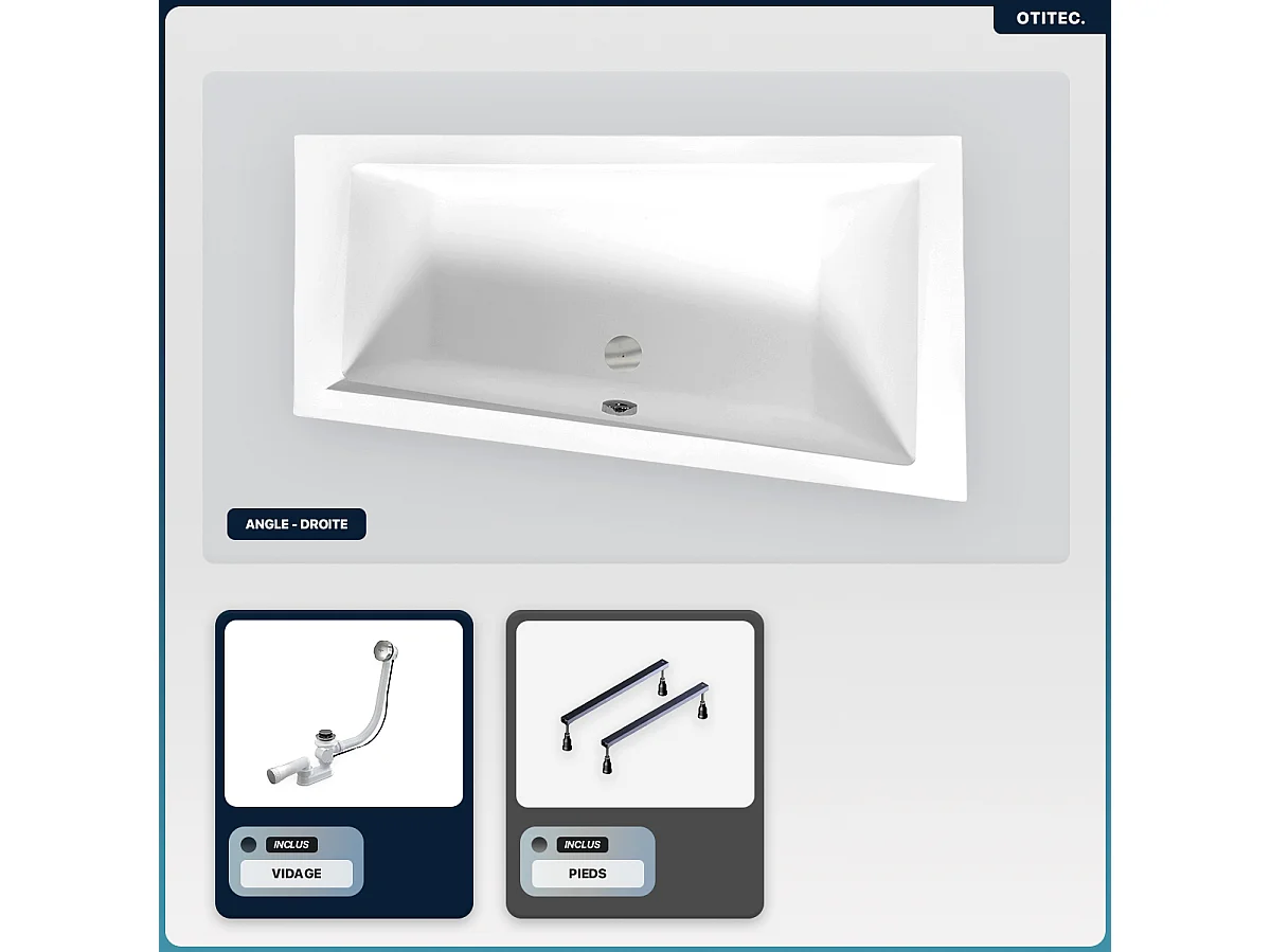 Baignoire asymétrique - 150 x 85 cm - Droite - sans Habillage - avec Pieds - Vidage Chrome - INTIMA