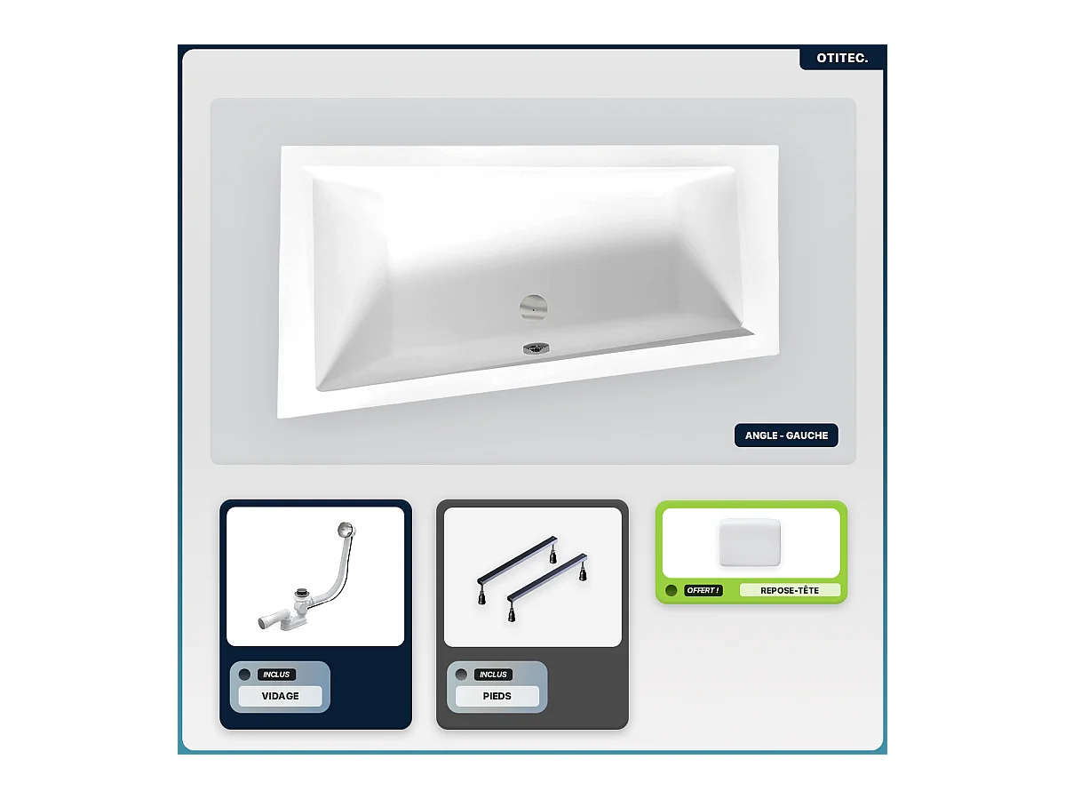 Baignoire asymétrique - 160 x 90 cm - Gauche - sans Habillage - avec Pieds - Repose-tête - Vidage Chrome - INTIMA