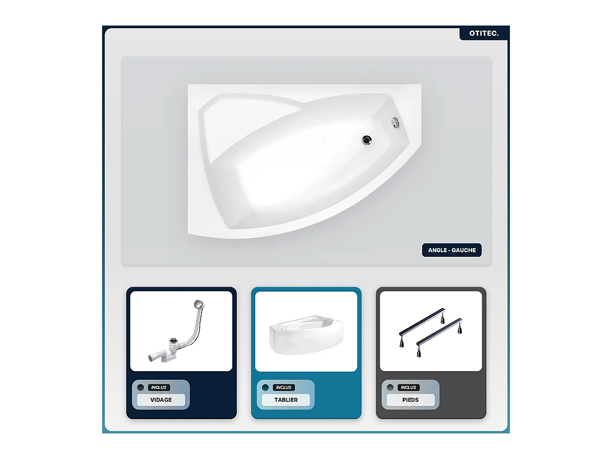 Baignoire asymétrique - 150 x 95 cm - Gauche - avec Tablier - Pieds - Vidage Chrome - RIMA