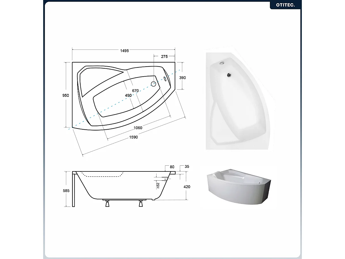 Baignoire asymétrique - 150 x 95 cm - Gauche - avec Tablier - Pieds - Vidage Chrome - RIMA