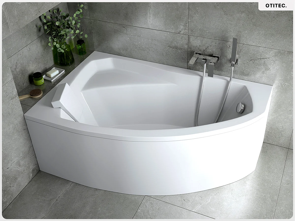 Baignoire asymétrique - 160 x 100 cm - Gauche - avec Tablier - Pieds - Repose-tête - Vidage Chrome - RIMA