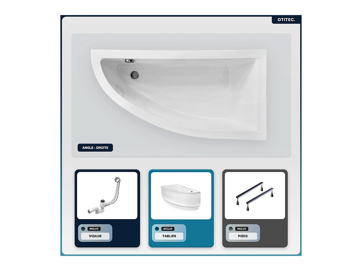 Baignoire asymétrique - 150 x 70 cm - Droite - avec Tablier - Pieds - Vidage Chrome - PRAKTIKA