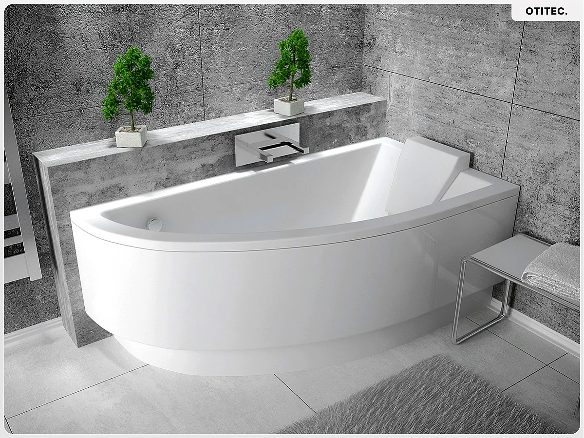 Baignoire asymétrique - 150 x 70 cm - Droite - avec Tablier - Pieds - Vidage Chrome - PRAKTIKA