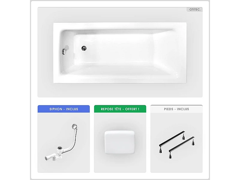 Baignoire rectangulaire - 170 x 75 cm - sans Habillage - avec Pieds - Poignées - Repose-tête - Vidage Chrome - TALIA PREMIUM