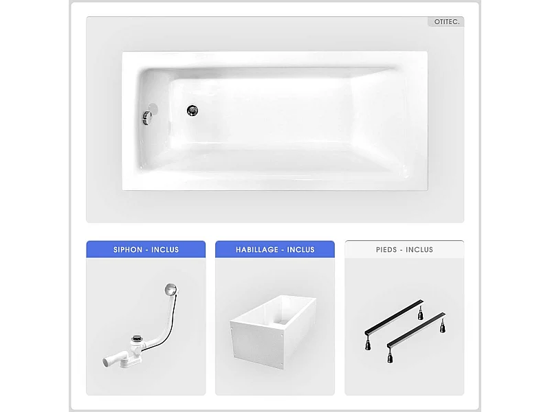 Baignoire rectangulaire - 170 x 75 cm - avec Habillage Polystyrène - Pieds - Vidage Chrome - TALIA