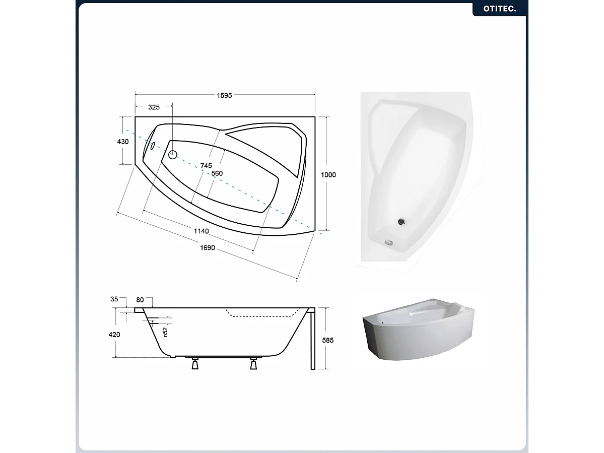 Baignoire asymétrique - 160 x 100 cm - Droite - avec Tablier - Pieds - Repose-tête - Vidage Chrome - RIMA