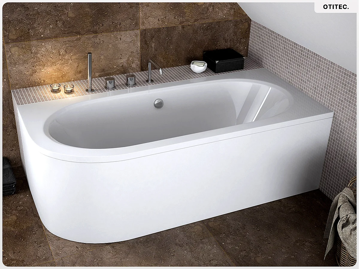 Baignoire asymétrique - 170 x 75 cm - Droite - sans Habillage - avec Pieds - Repose-tête - Étagère bambou - Vidage Chrome - AVITA