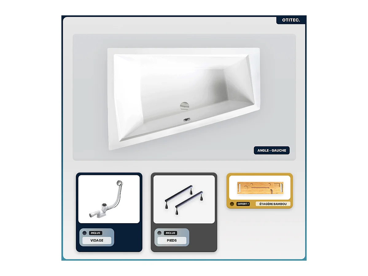 Baignoire asymétrique - 180 x 125 cm - Gauche - sans Habillage - avec Pieds - Étagère bambou - Vidage Chrome - INTIMA DUO