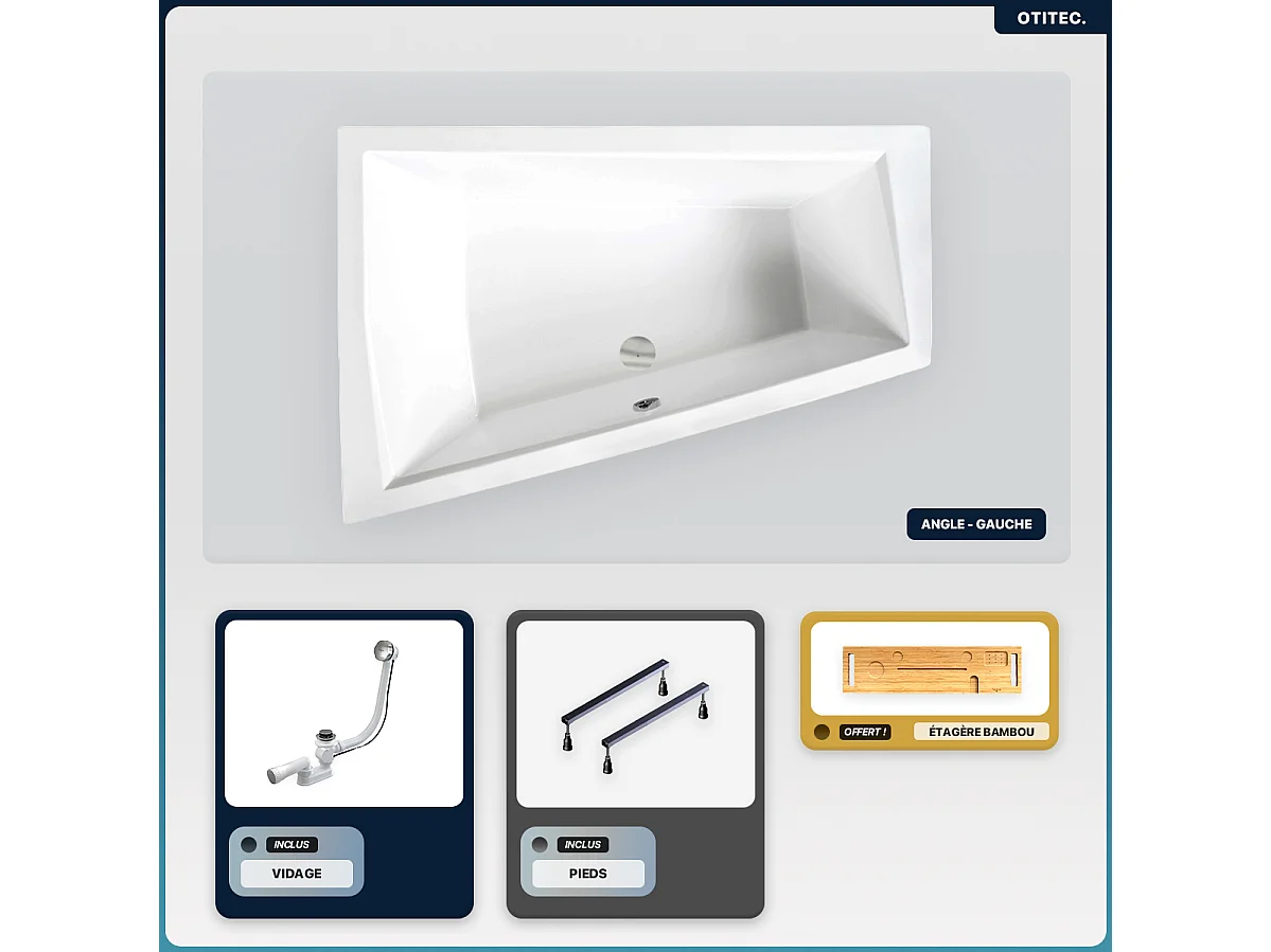 Baignoire asymétrique - 180 x 125 cm - Gauche - sans Habillage - avec Pieds - Étagère bambou - Vidage Chrome - INTIMA DUO