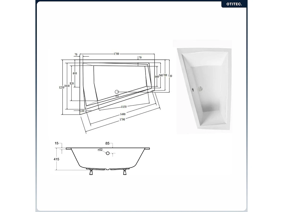 Baignoire asymétrique - 170 x 125 cm - Gauche - avec Habillage - Pieds - Vidage Chrome - INTIMA DUO SLIM