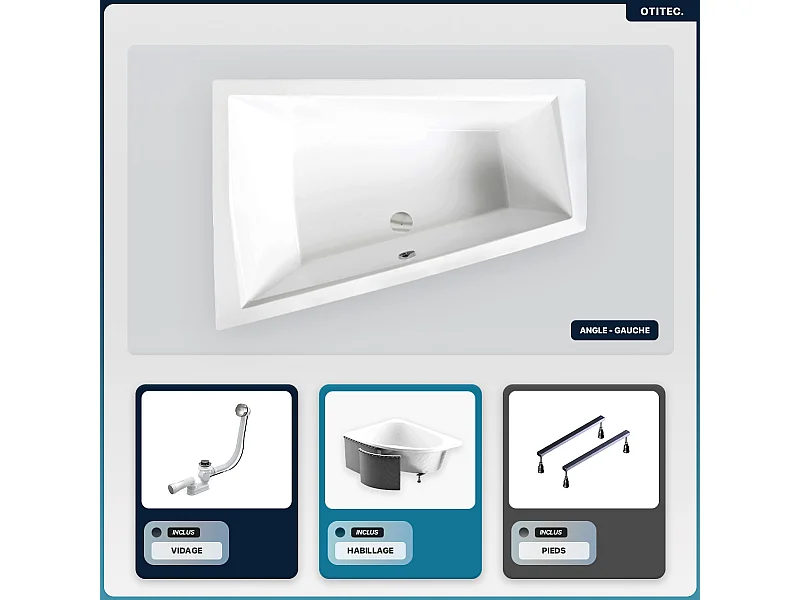 Baignoire asymétrique - 170 x 125 cm - Gauche - avec Habillage - Pieds - Vidage Chrome - INTIMA DUO SLIM