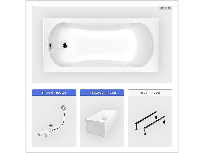 Baignoire rectangulaire - 170 x 70 cm - avec Habillage Polystyrène - Pieds - Vidage Chrome - ARIA