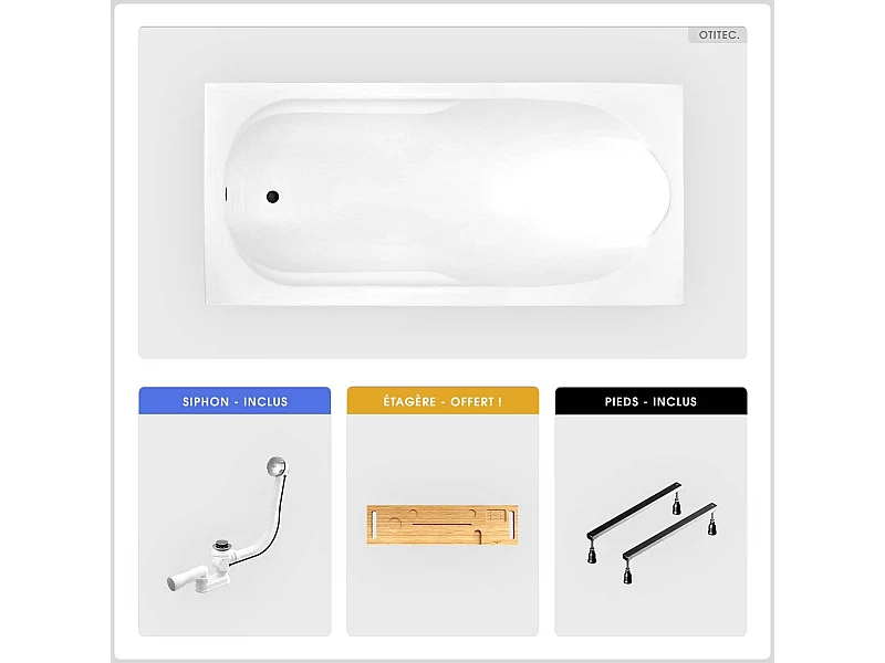 Baignoire rectangulaire - 140 x 70 cm - sans Habillage - avec Pieds - Étagère bambou - Vidage Chrome - BONA