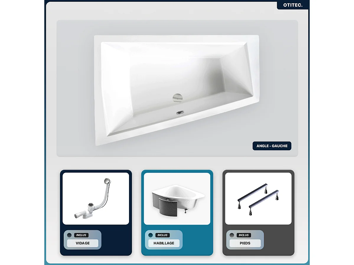Baignoire asymétrique - 170 x 125 cm - Gauche - avec Habillage - Pieds - Vidage Chrome - INTIMA DUO