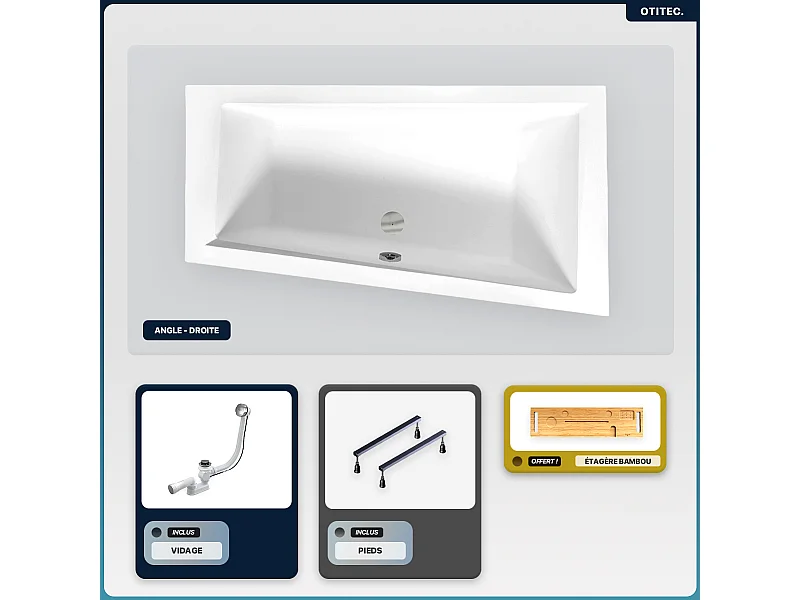 Baignoire asymétrique - 160 x 90 cm - Droite - sans Habillage - avec Pieds - Étagère bambou - Vidage Chrome - INTIMA