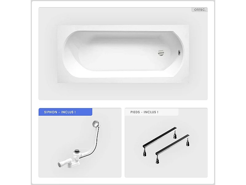 Baignoire rectangulaire - 150 x 75 cm - sans Habillage - avec Pieds - Vidage Chrome - INTRICA