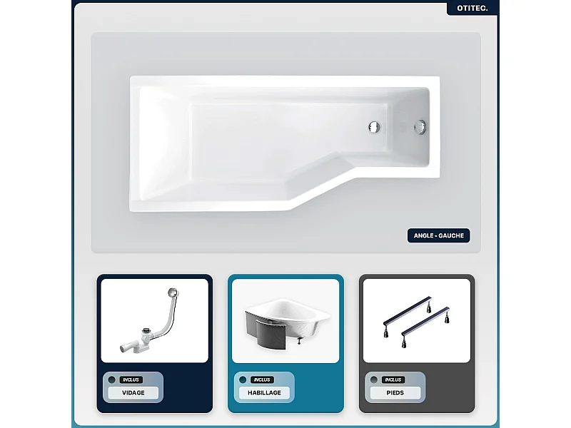 Baignoire asymétrique - 170 x 75 cm - Gauche - avec Habillage - Pieds - Vidage Chrome - INTEGRA
