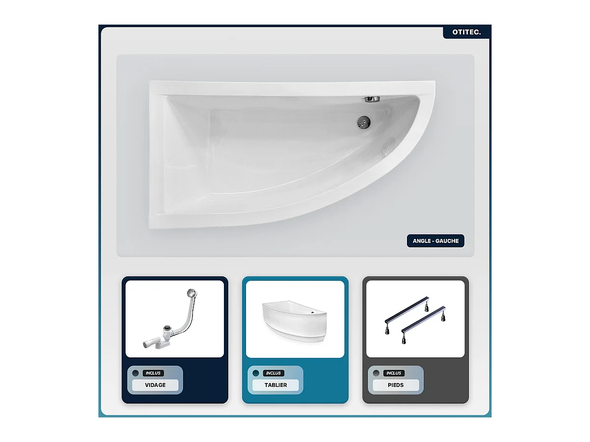 Baignoire asymétrique - 150 x 70 cm - Gauche - avec Tablier - Pieds - Vidage Chrome - PRAKTIKA