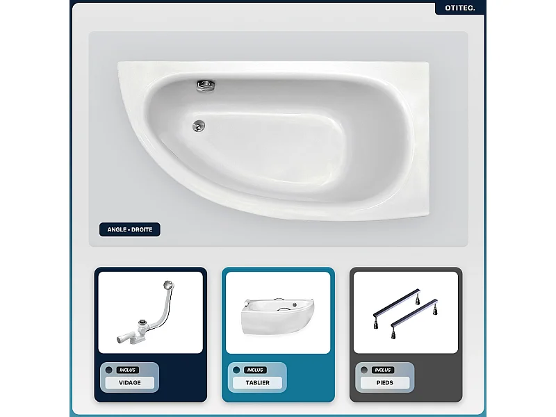 Baignoire asymétrique - 150 x 70 cm - Droite - avec Tablier - Pieds - Vidage Chrome - MILENA