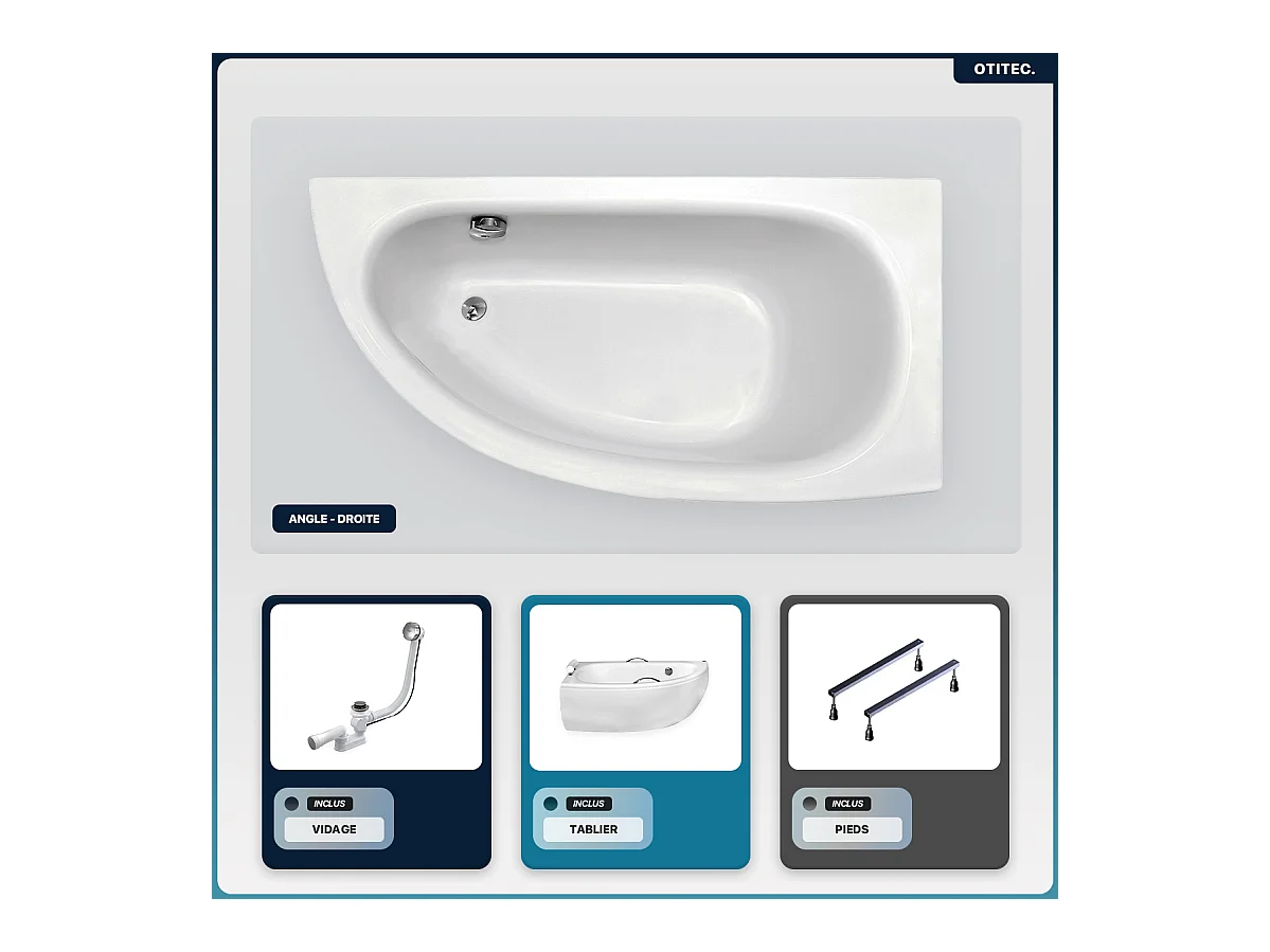 Baignoire asymétrique - 150 x 70 cm - Droite - avec Tablier - Pieds - Vidage Chrome - MILENA