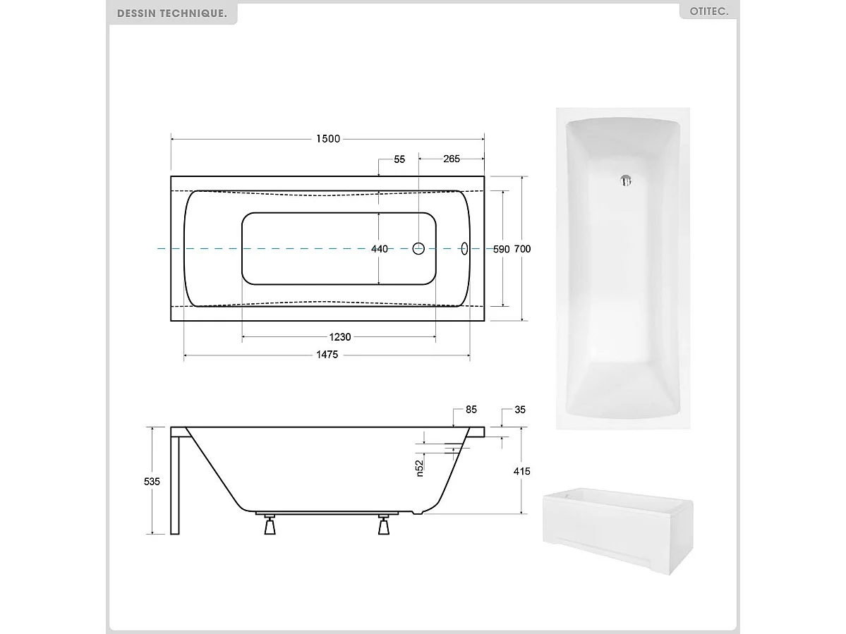 Baignoire rectangulaire - 150 x 70 cm - avec Habillage Polystyrène - Pieds - Vidage Chrome - OPTIMA