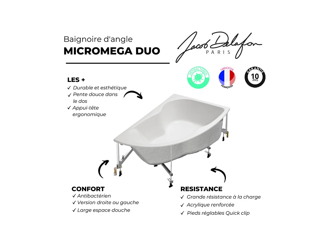 Pack baignoire d'angle 150 x 100 cm JACOB DELAFON Micromega Duo version gauche  + tablier de baignoire