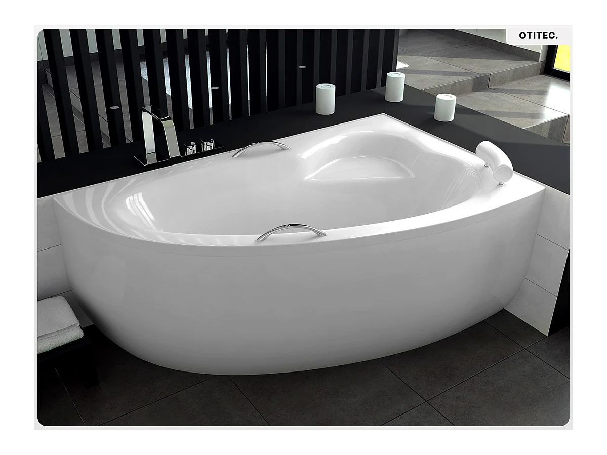 Baignoire asymétrique - 150 x 100 cm - Droite - sans Habillage - avec Pieds - Poignées - Repose-tête - Vidage Chrome - NATALIA PREMIUM