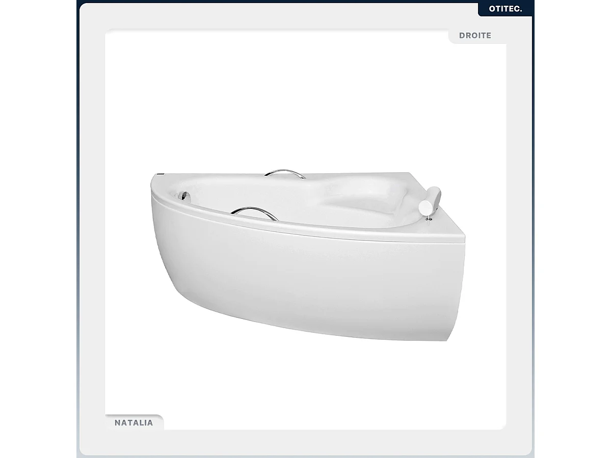 Baignoire asymétrique - 150 x 100 cm - Droite - sans Habillage - avec Pieds - Poignées - Repose-tête - Vidage Chrome - NATALIA PREMIUM