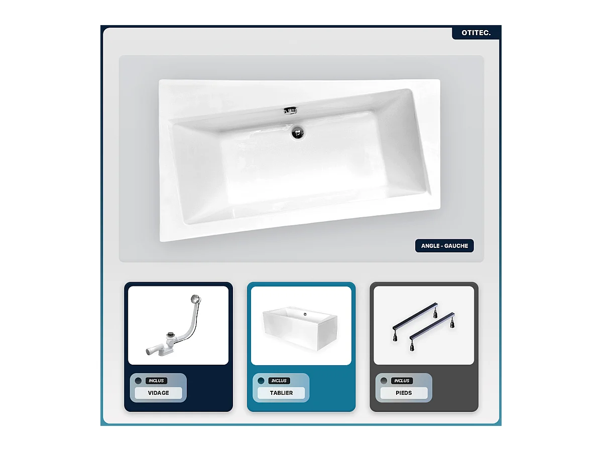 Baignoire asymétrique - 150 x 90 cm - Gauche - avec Tablier Blanc - Pieds - Vidage Chrome - INFINITY