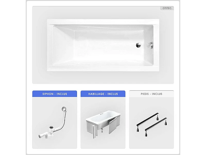 Baignoire rectangulaire - 140 x 70 cm - avec Habillage - Pieds - Vidage Chrome - MODERN SLIM