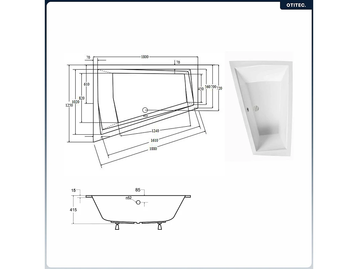Baignoire asymétrique - 180 x 125 cm - Gauche - avec Habillage - Pieds - Vidage Chrome - INTIMA DUO SLIM