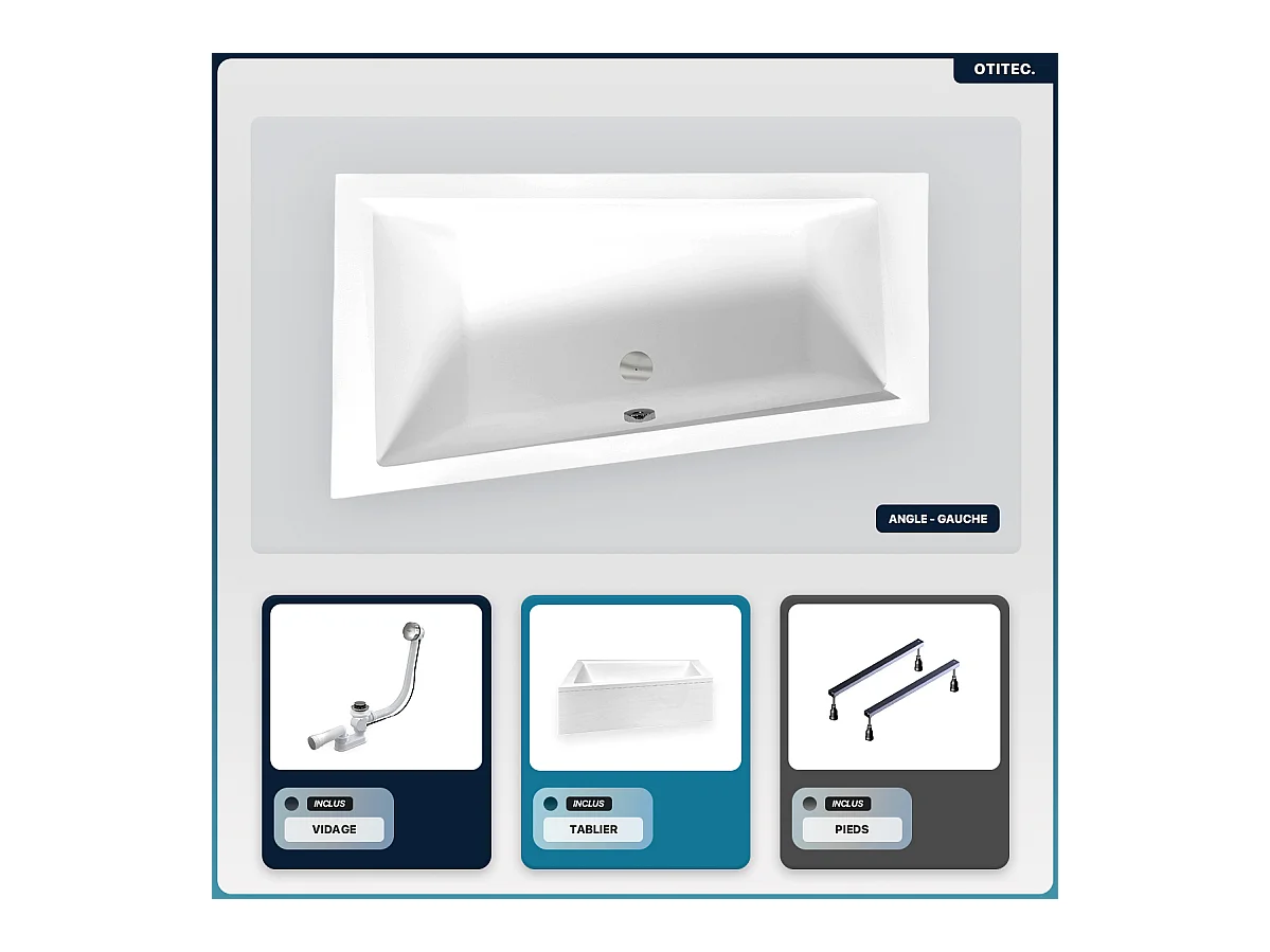 Baignoire asymétrique - 150 x 85 cm - Gauche - avec Tablier - Pieds - Vidage Chrome - INTIMA