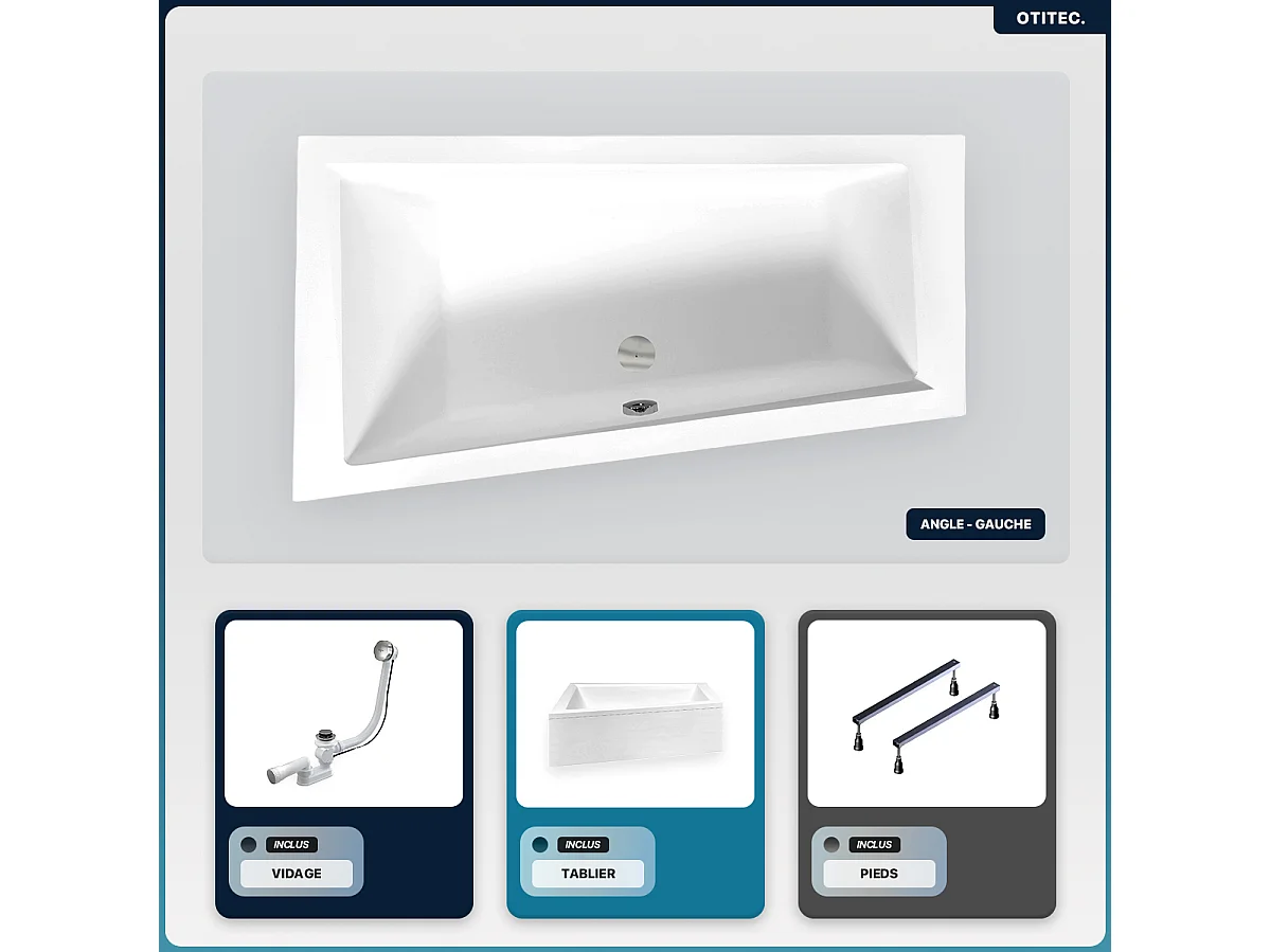 Baignoire asymétrique - 150 x 85 cm - Gauche - avec Tablier - Pieds - Vidage Chrome - INTIMA