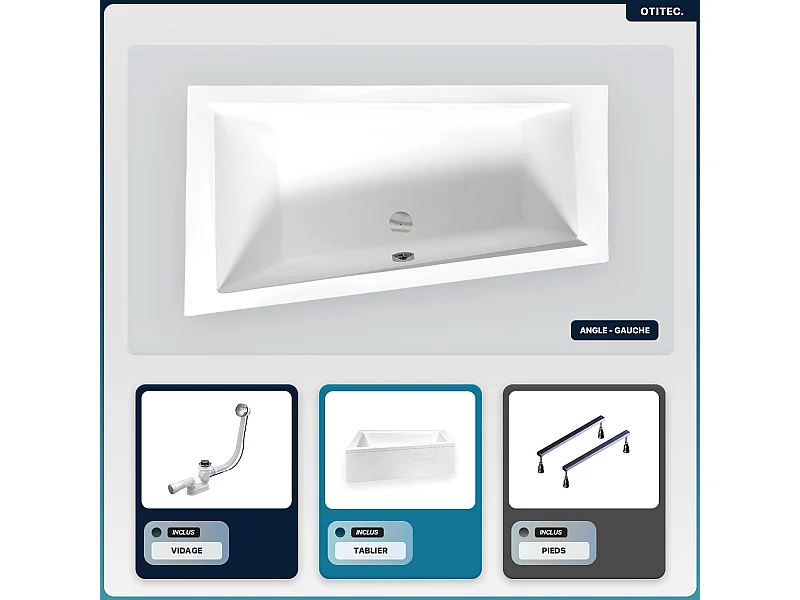 Baignoire asymétrique - 150 x 85 cm - Gauche - avec Tablier - Pieds - Vidage Chrome - INTIMA