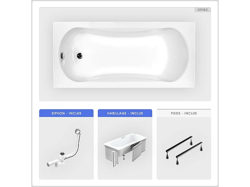 Baignoire rectangulaire - 170 x 70 cm - avec Habillage - Pieds - Vidage Chrome - ARIA