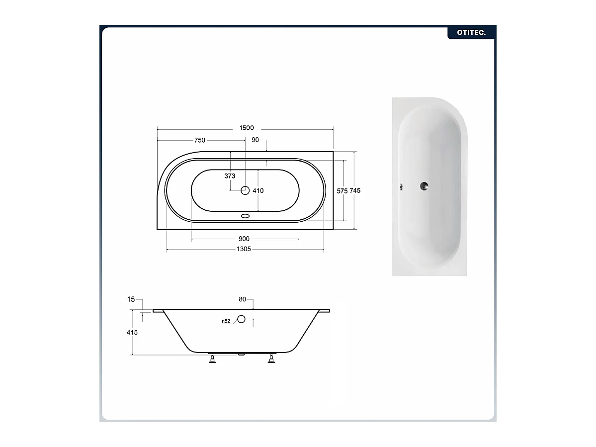 Baignoire asymétrique - 150 x 75 cm - Gauche - avec Habillage - Pieds - Vidage Chrome - AVITA SLIM