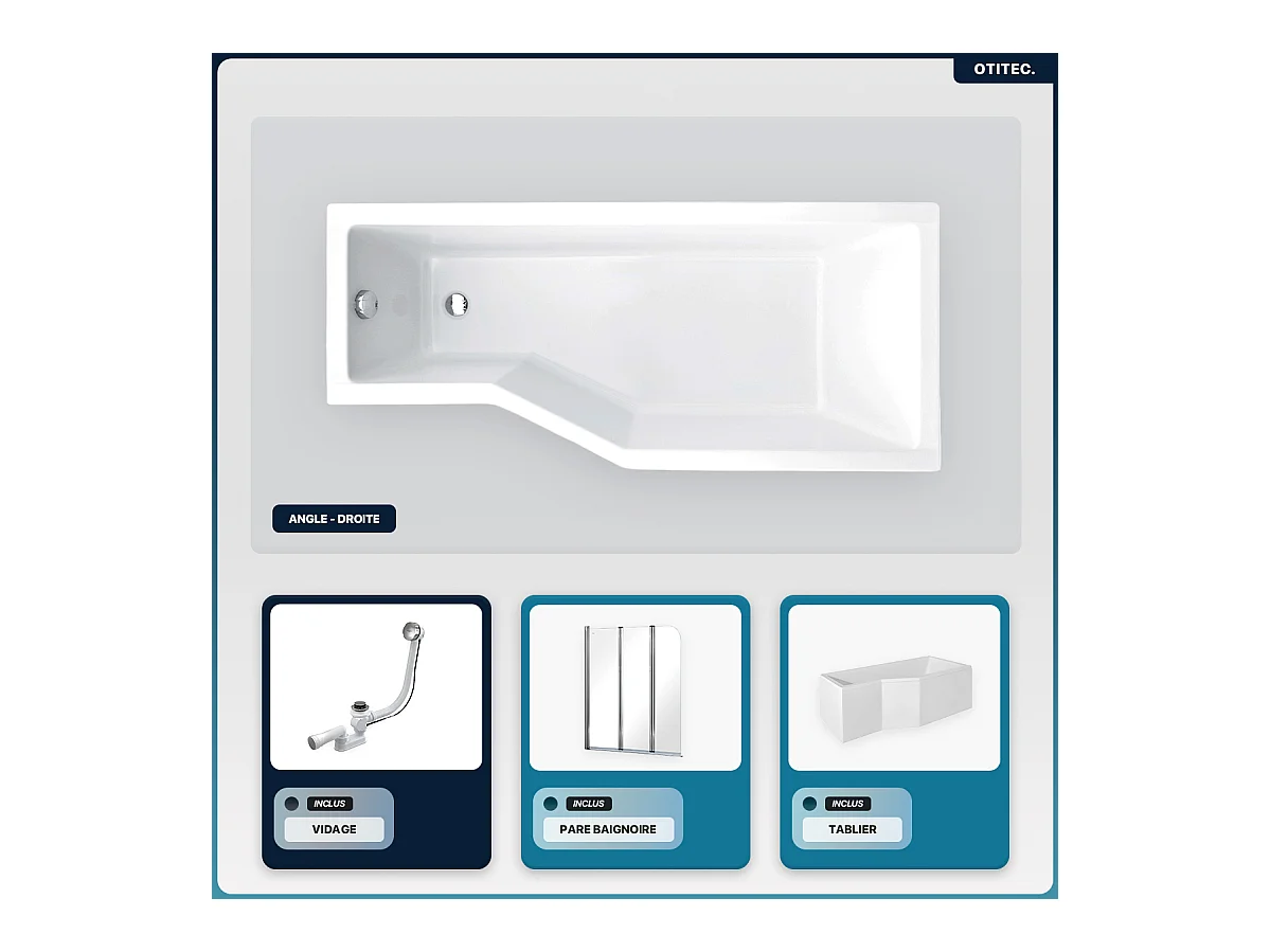 Baignoire asymétrique - 170 x 75 cm - Droite - avec Tablier - Pieds - Pare Baignoire 3 Volets - Vidage Chrome - INTEGRA