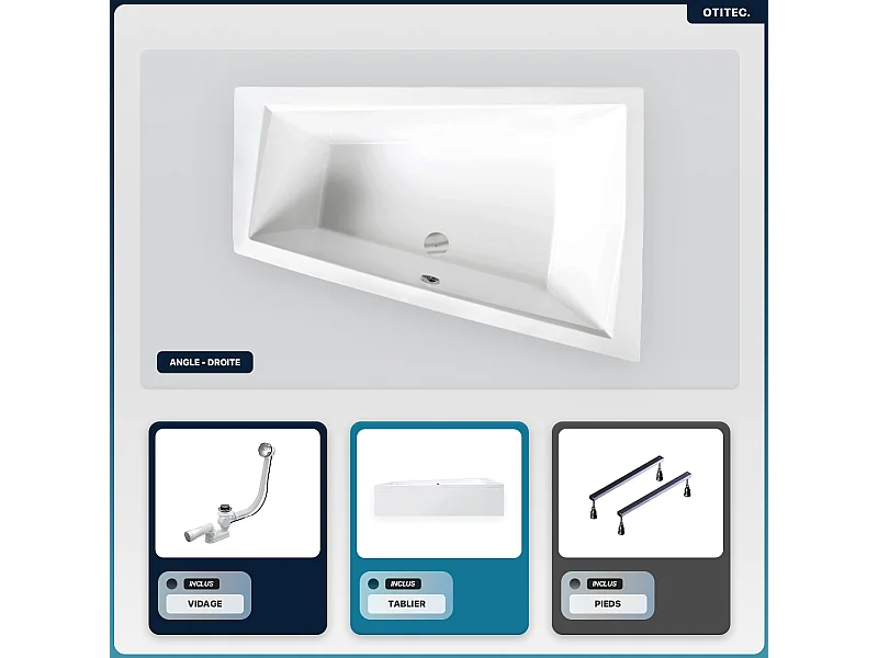 Baignoire asymétrique - 170 x 125 cm - Droite - avec Tablier - Pieds - Vidage Chrome - INTIMA DUO