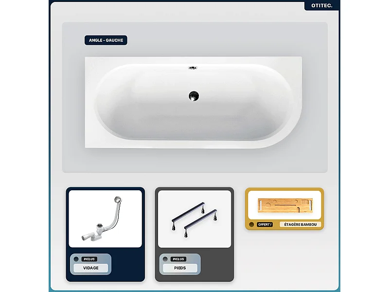 Baignoire asymétrique - 160 x 75 cm - Gauche - sans Habillage - avec Pieds - Étagère bambou - Vidage Chrome - AVITA