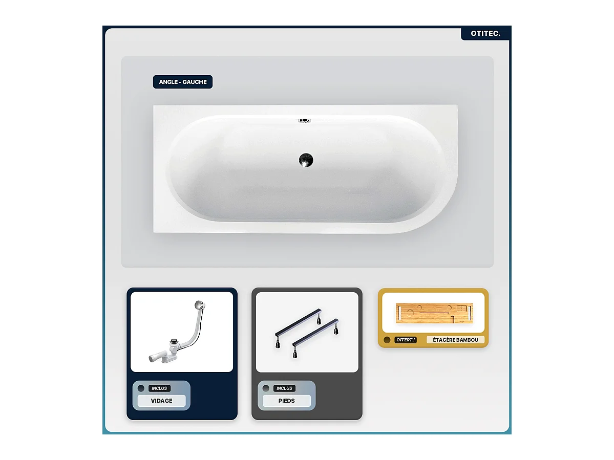 Baignoire asymétrique - 160 x 75 cm - Gauche - sans Habillage - avec Pieds - Étagère bambou - Vidage Chrome - AVITA