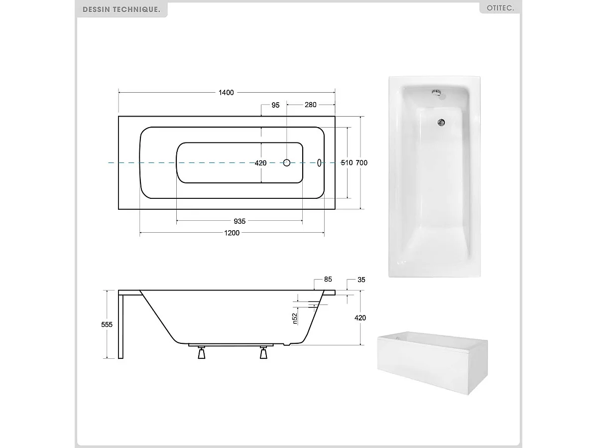 Baignoire rectangulaire - 140 x 70 cm - sans Habillage - avec Pieds - Vidage Chrome - TALIA