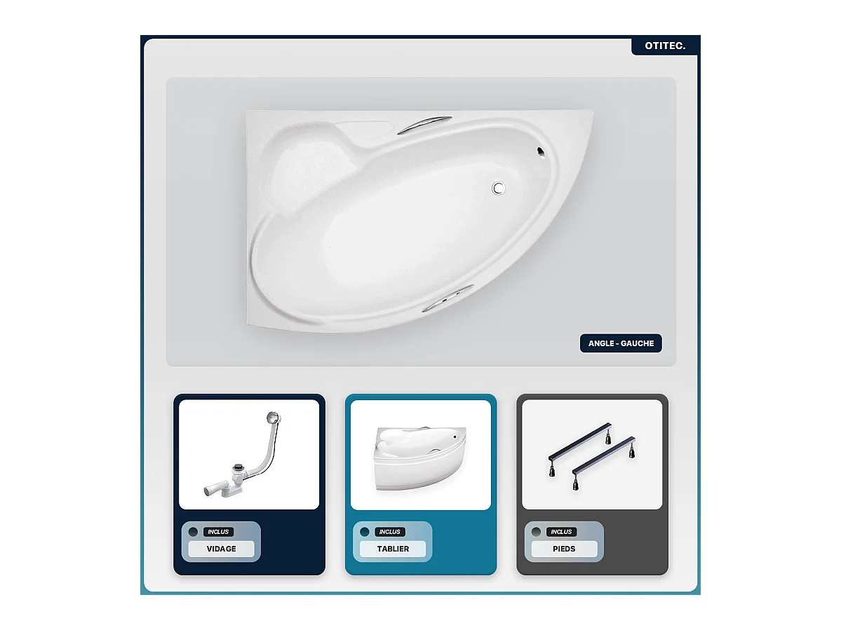Baignoire asymétrique - 150 x 95 cm - Gauche - avec Tablier Blanc - Pieds - Vidage Chrome - BIANKA