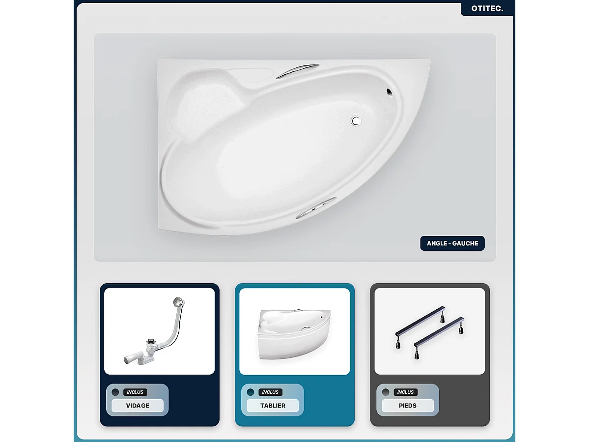 Baignoire asymétrique - 150 x 95 cm - Gauche - avec Tablier Blanc - Pieds - Vidage Chrome - BIANKA