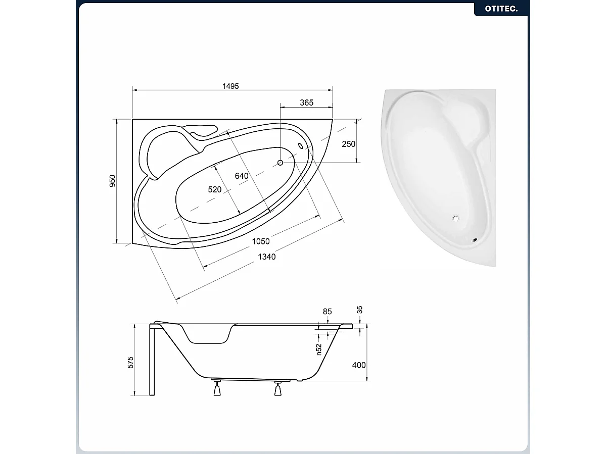 Baignoire asymétrique - 150 x 95 cm - Gauche - avec Tablier Blanc - Pieds - Vidage Chrome - BIANKA