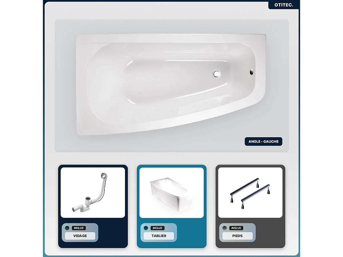 Baignoire asymétrique - 150 x 80 cm - Gauche - avec Tablier - Pieds - Vidage Chrome - LUNA