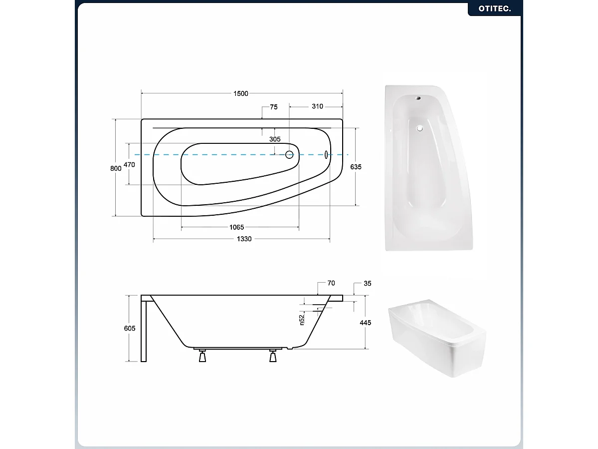 Baignoire asymétrique - 150 x 80 cm - Gauche - avec Tablier - Pieds - Vidage Chrome - LUNA