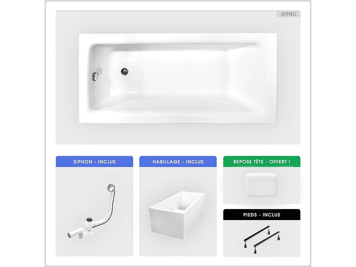 Baignoire rectangulaire - 160 x 75 cm - avec Habillage Polystyrène - Pieds - Poignées - Repose-tête - Vidage Chrome - TALIA PREMIUM