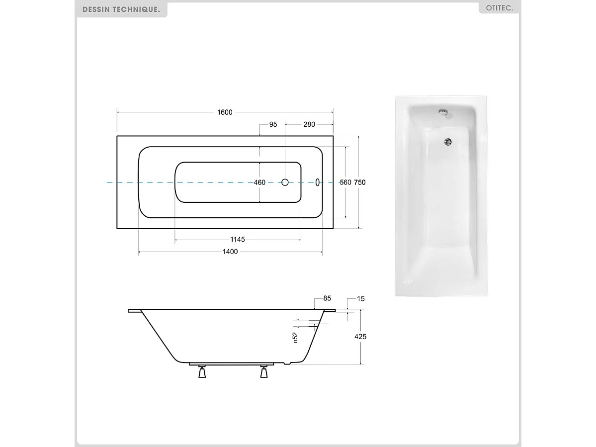 Baignoire rectangulaire - 160 x 75 cm - avec Habillage - Pieds - Vidage Chrome - TALIA SLIM